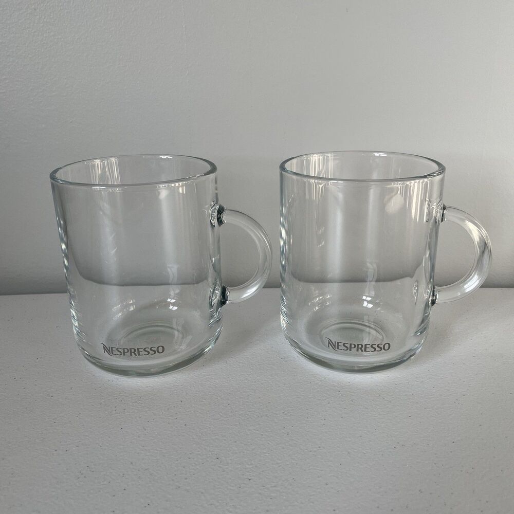 Nespresso Signature Coffee Espresso Drink Mugs Cups Clear Glass 16oz. Set of 2